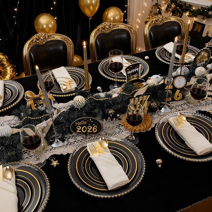 350 Pieces Black and Gold Plastic Plates with Disposable Silverware, Include 50 Dinner Plates 9”, 50 Dessert Plates 6.3”, 50 Black Cups 9 OZ, 50 Pre Rolled Napkins for New Year (Pack of 2)