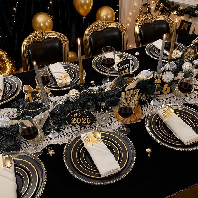 350 Pieces Black and Gold Plastic Plates with Disposable Silverware, Include 50 Dinner Plates 9”, 50 Dessert Plates 6.3”, 50 Black Cups 9 OZ, 50 Pre Rolled Napkins for Wedding/Party/Birthday/Halloween
