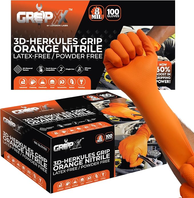 GRIPXX Herkules Grip Heavy Duty 8Mil Orange Nitrile Gloves,3D Raised Diamond Texture-Latex & Powder Free-Industrial, Mechanic (2, X-Large)