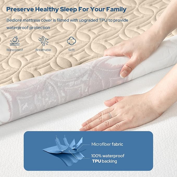 BEDLORE Waterproof Mattress Protector, Twin XL Size Mattress Pad with Deep Pocket 6"-15" Depth, Soft Breathable Bed Mattress Cover for Bedroom, College Dorm (Beige)