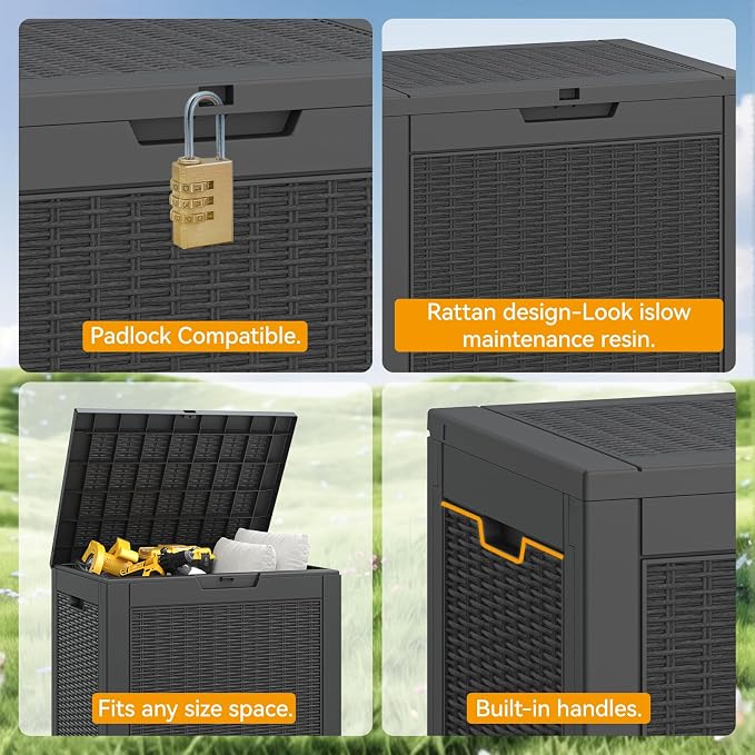 31 Gallon Outdoor Storage Box, Resin Deck Boxes Indoor and outdoor, Waterproof Storage Box Lockable Lid for Garden Tools, Package Delivery, Pool Supplies, Patio Cushions, Black