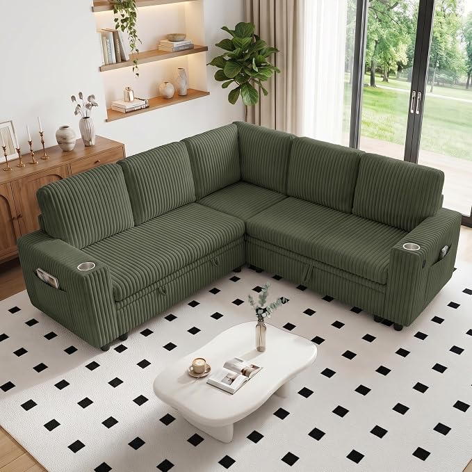 L Shaped Sectional Sleeper Sofa, Pull Out Couch with Storage, Green | Pull Out Bed, 5 Seat Modular Design, Soft Corduroy Fabric, USB Charging, Cup Holders, Removable Covers, Easy Assembly