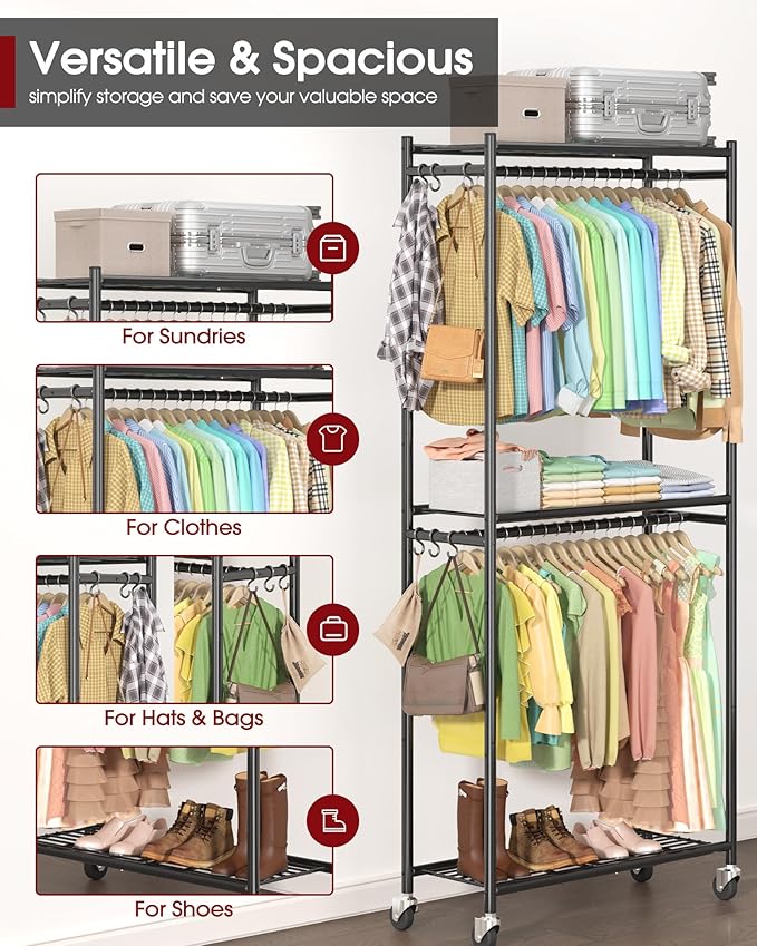 Sakugi Clothes Rack - 33.0" x 12.2" x 79.5" Clothing Rack with Shelves & Wheels, Multi-Functional Wardrobe Closet with Hooks, Sturdy Metal Garment Rack for Bedroom, Laundry, Balcony (Black)
