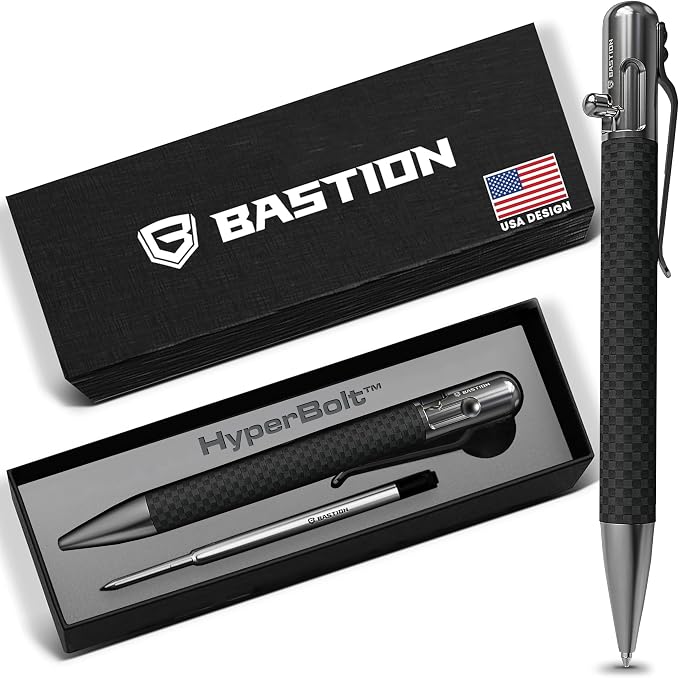 BASTION Bolt Action Pen, Carbon Fiber & Stainless Steel, HyperBolt EDC Pen, Refillable Lightweight Writing Pen, Premium Graduation Gift, Executive Pocket Pen