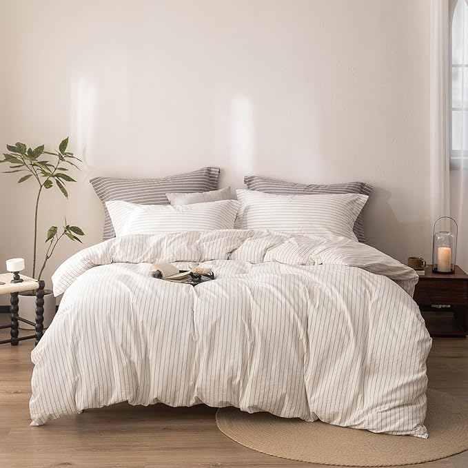 Stripe Duvet Cover Queen Size 90inch x 90inch,100% Washed Cotton Linen Feel Pinstripe Duvet Cover with Zipper Closure and 2 Pillowcases, Color of Off White and Linen Grey Stripe