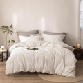 Stripe Duvet Cover Queen Size 90inch x 90inch,100% Washed Cotton Linen Feel Pinstripe Duvet Cover with Zipper Closure and 2 Pillowcases, Color of Off White and Linen Grey Stripe