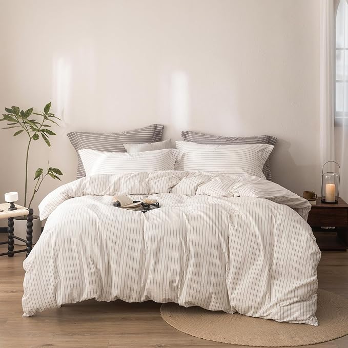 Stripe Duvet Cover King Size 104inch x 90inch,100% Washed Cotton Linen Feel Duvet Cover, Pinstripe Duvet Cover with Zipper Closure and 2 Pillowcases, Color of White and Linen Grey Stripe