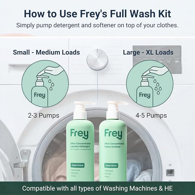 FREY Laundry Care Bundle: Concentrated Detergent & Fabric Softener, Cedar Grove Scent, HE-Compatible, Eco-Friendly