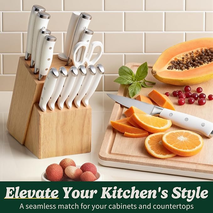 Knife Set, 15 Piece Premium Chef High Carbon Stainless Steel Kitchen Knife Block Set, Razor-sharp, Ergonomic Forged Triple Rivet Handle, Professional Knife Set for Kitchen, Dishwasher Safe(White)
