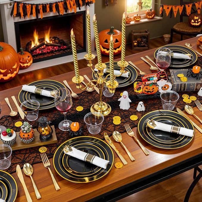 WDF Partyware 175PCS Black and Gold Plates - Black Disposable Plates for Party - 25Guests Disposable Dinnerware Set for Wedding/Party/Birthday/Halloween