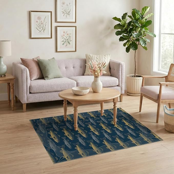 4'x6' Washable Area Rug Bass Repeating Lure Net Border Tackle Motif Angler Fish Fishing Refined Non-Slip Chair-Friendly for Home Office, Gaming Room, Under Desk