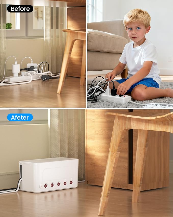 Surge Protector Power Strip with Cable Management Box,Cord Organizer Box with 10 Outlets and 3 USB Ports,Individual Switches,6 ft Flat Plug Extension Cord,Under-Desk and Desk Wire Storage Hider,White