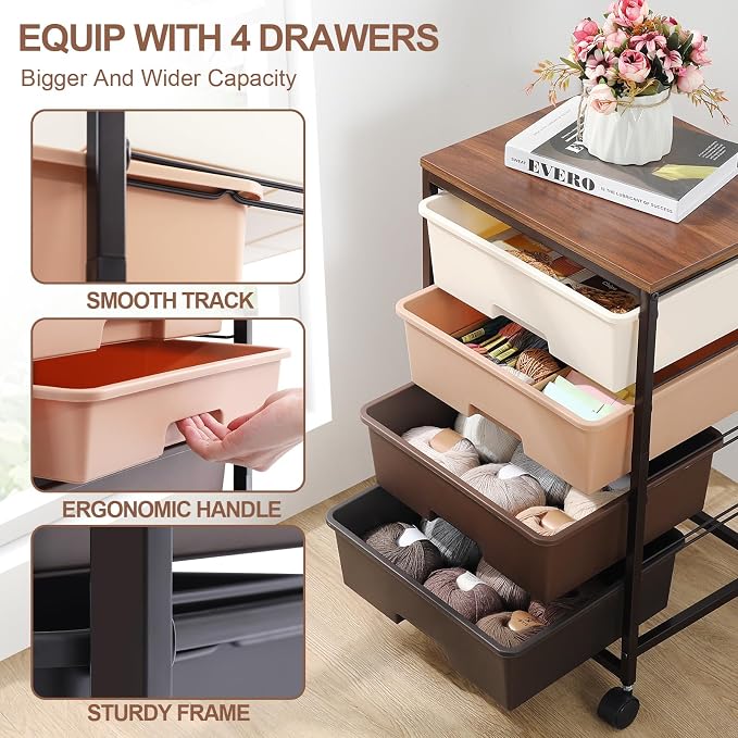 SYKIARIOL Utility Cart with 4 Drawers,Rolling Storage Cart with Drawers,Storage Rolling Drawer Cart,Brown