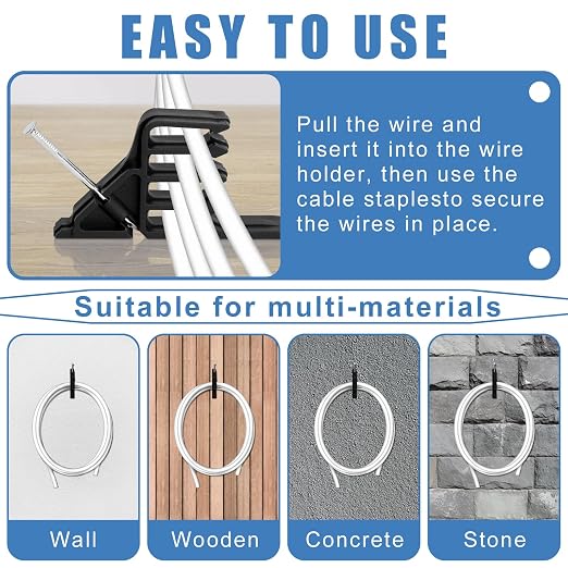 Cable Stackers 200Pcs, Cable Stapler Clips with Steel Nails, Multi-Purpose Electrical Wire Stackers, Insulated Cord Staples for Most Cable Types, Easy-to-Install