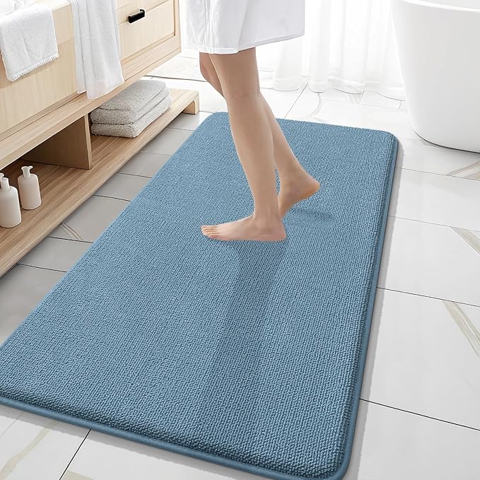 OLANLY Memory Foam Bathroom Runner Rug 47x20, Absorbent Long Mat, Airy Blue | Soft Quick Dry Bath Mat Rugs, Non-Slip, Machine Washable Mat for Bathroom Floor, Tub and Shower, Home Decor Accessories