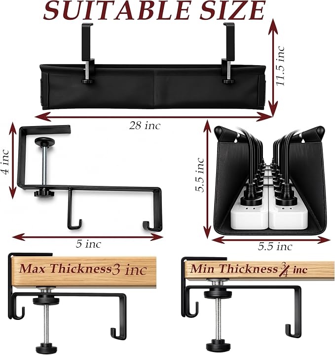 Large Under Desk Cable Management Tray, 28", Black Standing Under Cable | No Drill, Fabric Cord Organizer with Reinforced Base, Clamp Mount Wire Management, For Office/Home & Standing Desk