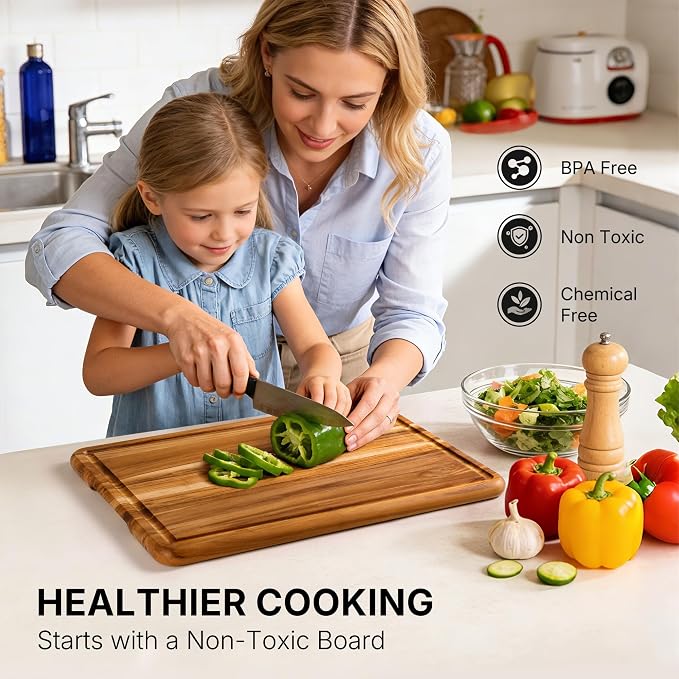 Teak Cutting Boards for Kitchen 4 Pack Wooden Wood Chopping Board Non Toxic | Heavy Duty, Non Toxic Slip, Solid Thick, Wood Haus Chopping Board, Extra Large Big Small, Meat Best, Wooden Charcuterie Board