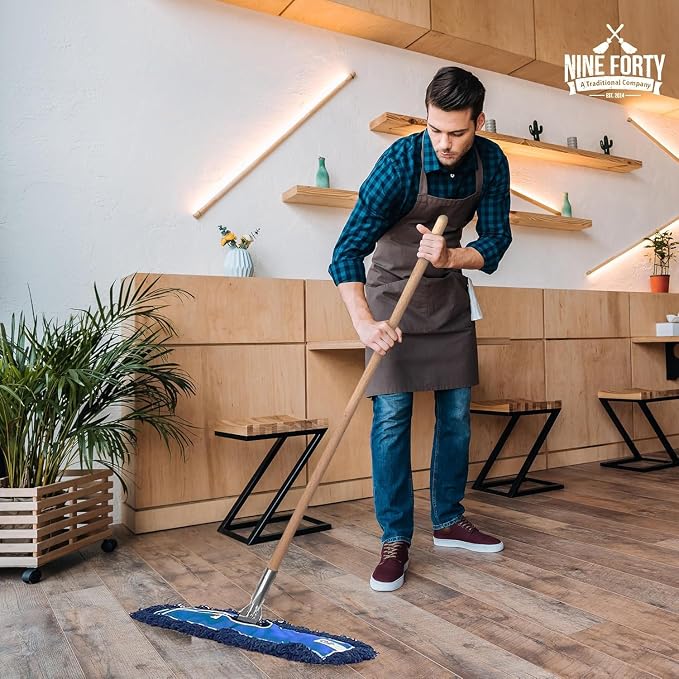 Nine Forty 24" Premium Nylon Dust Mop with Wood Handle - Heavy Duty Mop Head for Industrial, Commercial, and Residential Cleaning - Dry Floor Duster for Hardwood Surfaces and Commercial - Blue