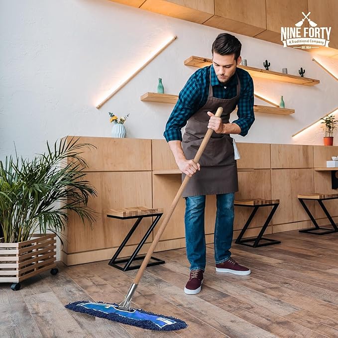 Nine Forty 60" Premium Nylon Dust Mop with Wood Handle - Heavy Duty Mop Head for Industrial, Commercial, and Residential Cleaning - Dry Floor Duster for Hardwood Surfaces and Commercial - Blue