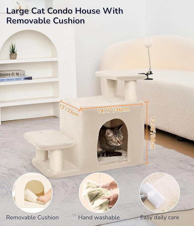 Happi N Pets Cat Stairs with Cat Scratching Post & Large Condo, Stable Pet Steps for High Beds Couch, 3 Combinations Ramp Tree Tower for Cats or Small Dogs, Removable Cushion & Bonus Toy, Beige