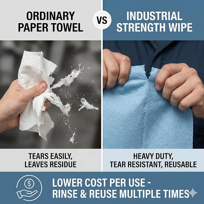 4 Rolls Industrial Cleaning Wipes Jumbo Roll, Heavy Duty Lint Free Shop Towels, Super Absorbent Reusable Cleaning Cloths for Garage Workshop Automotive, 500 Sheets 12"x 10" (Blue, 10"X12")