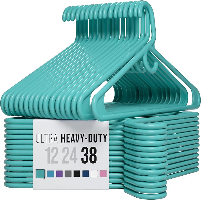 NEATERIZE Thick Heavy Duty Hangers - Aqua Plastic Clothes Hangers 38 Pack - Great for Coat Hanger, Jackets Jeans & Suit Hanger for Closet - New Apartment Essentials Percheros Ganchos para Colgar Ropa
