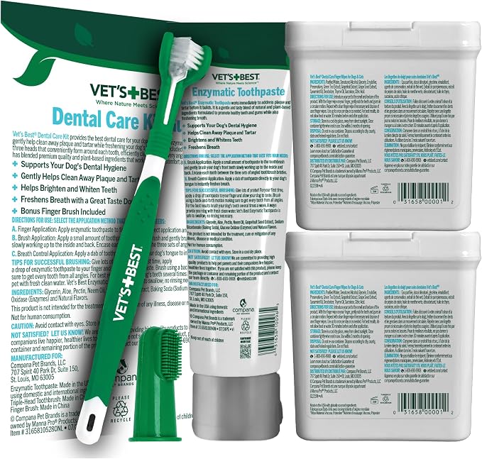 Vet's Best Dog Dental Care Bundle Kit for Dogs & Cats - with 2 Fingerwipes | Enzymatic Toothpaste, Triple Head Toothbrush & Dental Finger Wipes for Plaque Removal, Tartar Control, Teeth Cleaning