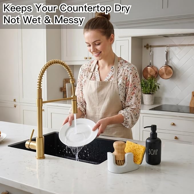 White Marble Sponge Holder for Kitchen Sink, 2-in-1 Sponge & Brush Holder with Raised Edge, 2 Slot Natural Stone Sink Caddy for Countertop, Keeps Countertops Dry, Non-Slip Base, Modern Kitchen Decor