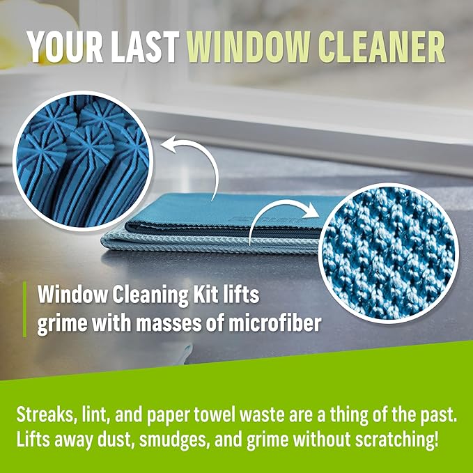 E-Cloth 3-Pack Window Cleaning Cloth - Streak-Free Glass & Mirror Cleaning Kit with Just Water, Glass Cleaning Cloth, Microfiber Towel Kit for Windows, Car Windshield, Mirrors - Alaskan Blue