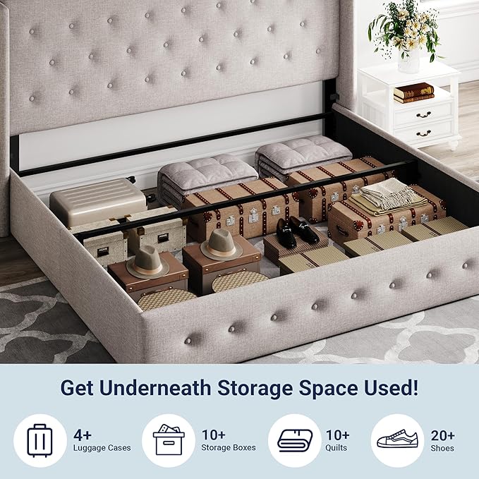 Allewie King Size Lift Up Storage Button-Tufted Bed Frame Light Beige | Modern Wingback Headboard, Hydraulic Support Storage, No Box Spring Needed