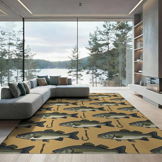 8'x10' Washable Area Rug Bass Lure Hook Motif Tackle Border Angler Lake Vintage Fish Fishing Refined for King Size Bedroom, Master Suite, Under Bed, Foldable Easy Care