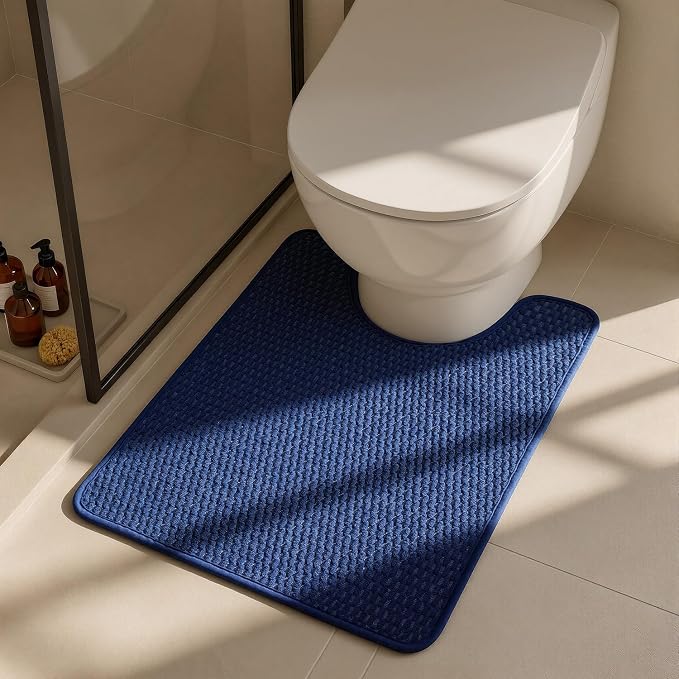 Triohero Toilet Rug, Thin Toilet Rugs U Shaped Washable Non Slip Absorbent Quick Dry Low Pile Toilet Mat, Navy Blue 20"x24" U Shape
