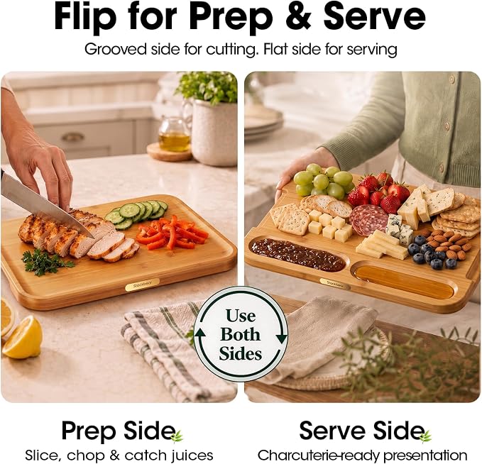 FSC-Certified Deep-Carbonized Bamboo Cutting Board for Kitchen with Wood Stand
