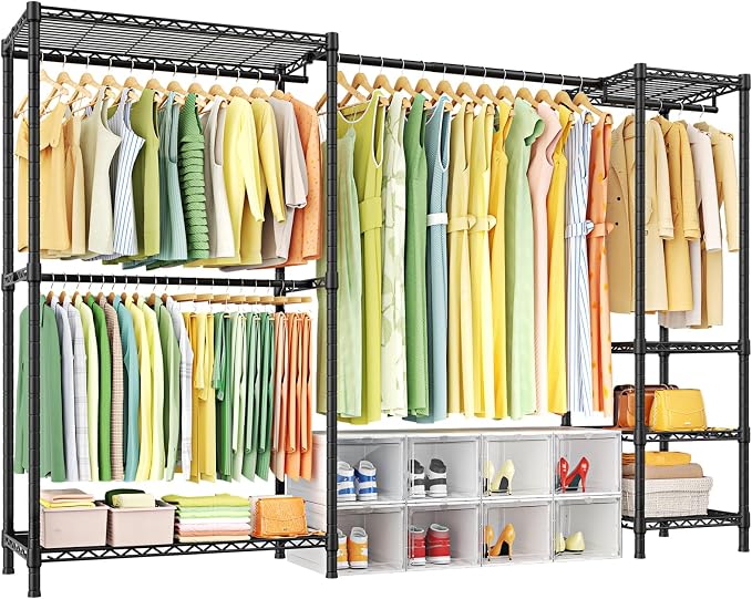 Ulif E10 Clothes Rack（With Stretchable Hanger Rod）Freestanding Clothing Racks for Hanging Clothes，Adjustable Closet Organizer System，Portable Garment Rack 73-97"W x 15" D x 72" H，Max Load 800LBS，Black