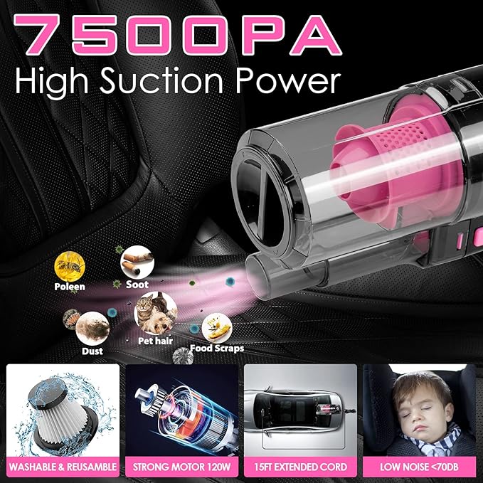 17pcs Car Cleaning Kit, Pink Car Interior Detailing Kit with High Power Handheld Vacuum, Detailing Brush Set, Windshield Cleaner, Cleaning Gel, Complete Auto Accessories for Women Gift