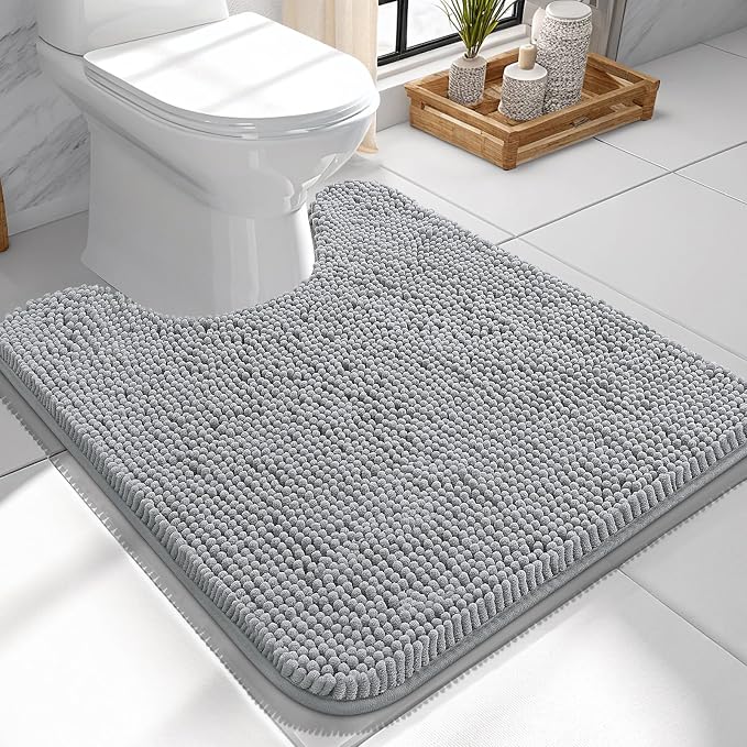 OLANLY Toilet Rugs U-Shaped 24x24, Extra Soft Absorbent Chenille Contour Bathroom Rugs for Toilet, Dry Quickly, Machine Washable, Non-Slip Bath Mat, Light Grey