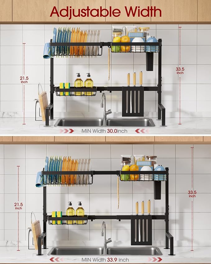 Sakugi Dish Drying Rack Over The Sink, Dish Drainer for Kitchen Counter | Stainless Steel Storage Organizer with Utensil Knife Holder & Hooks, Adjustable 11"D x 30.5"~34''W x 21.5" H, Black