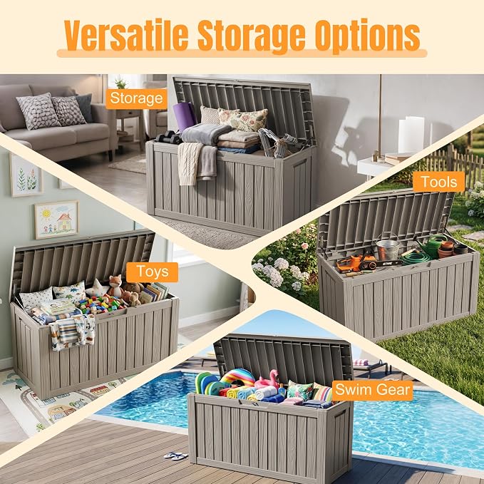 Outdoor Storage Box, 140 Gallon Waterproof Resin Deck Box with Support Rod | UV Resistant Lockable Package Delivery Bin, Shoe, Patio & Garden Tools Storage, Toy Cabinet, Ottoman, Indoor/Outdoor