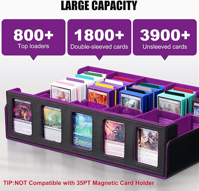 Kabinka Trading Card Storage Box with Commander Display, 5-Row Deck Case with Removable Lid; 3900+ Card Deck Box for MTG TCG Sports Card, 5 Top Loaders, 5 Stoppers, 48 Dividers,1 Dice Tray