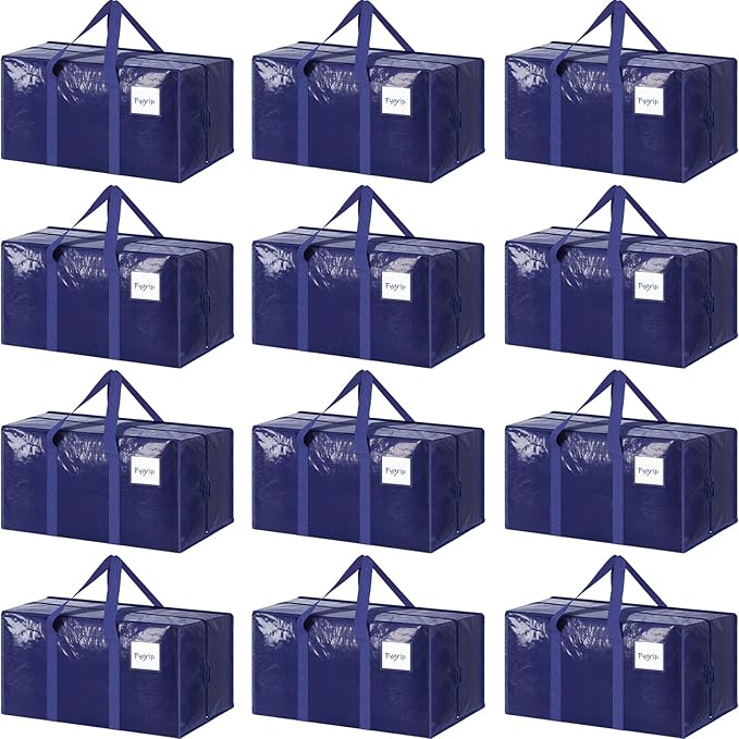 12 Pack Extra Heavy Duty Large Moving Bags with Strong Zipper, Dark Blue | Comfortable Handles, Sturdy & Durable Clothes Storage Bags Totes Bins, Blue Packing Moving Boxes for College Supplies