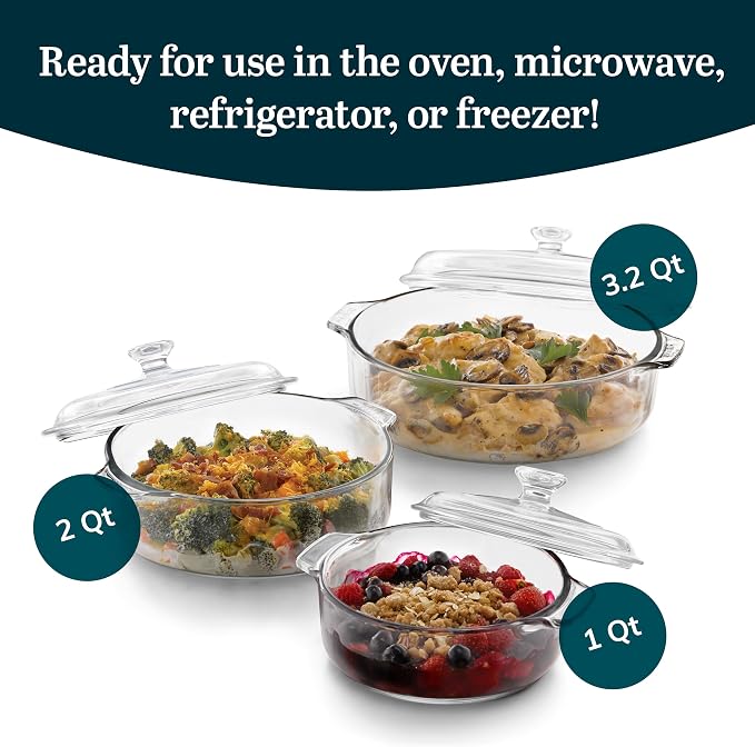 Libbey Baker's Basics Glass Casserole Dish Set with Covers, 3-Piece | Curved Pedestal Display baked goods, pastries, cupcakes, and pies with a clear cover for serving and freshness