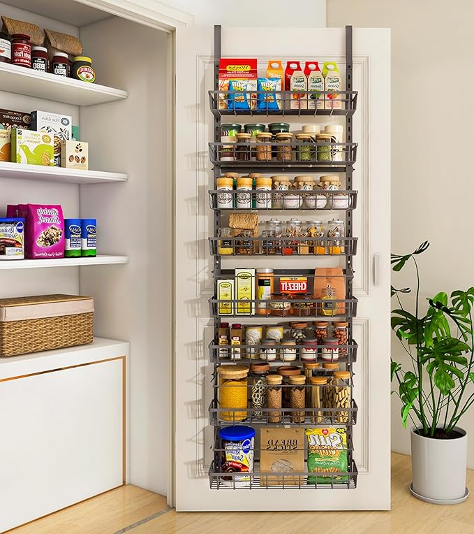 Mefirt Over The Door Pantry Organizer, Wall Mount Spice Rack, Pantry Hanging Storage and Organization, 8 Adjustable Baskets Heavy-Duty Metal for Home & Kitchen, Back of Door Seasoning Rack - Black