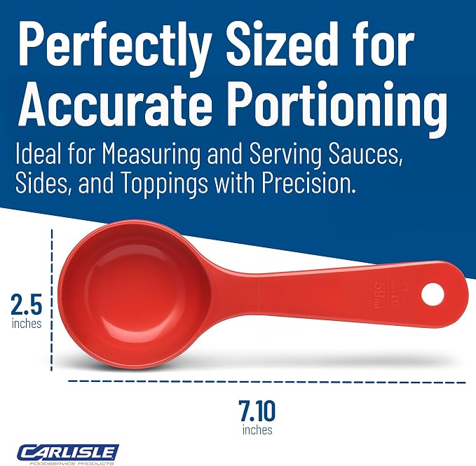Carlisle FoodService Products 7.10 " 2 Ounce Solid Measuring Spoon – Flat Bottom – Portion Control Spoon – Short Handle Spoon, Red, (Pack of 12)