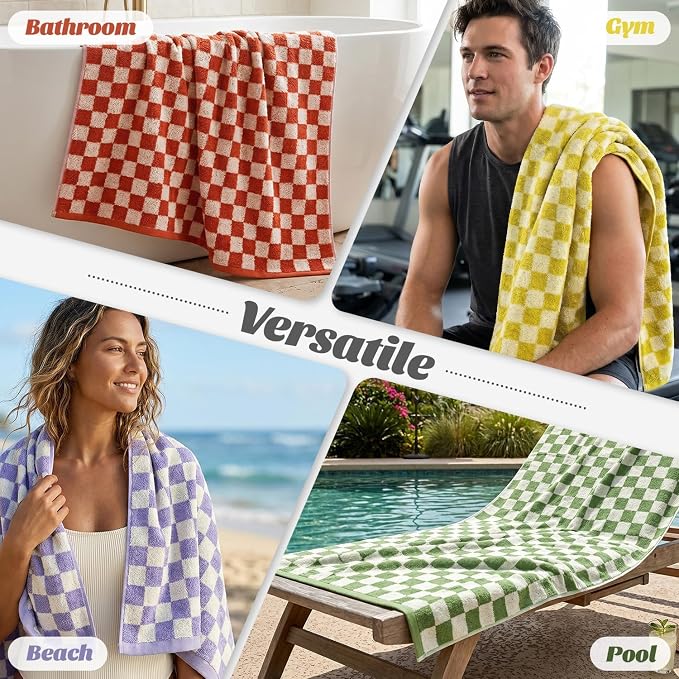 Checkered Bath Towels Set of 4 - Cotton Towels for Bathroom, Beach, Pool | Shower Towels (Purple, Yellow, Green, Orange), 520GSM