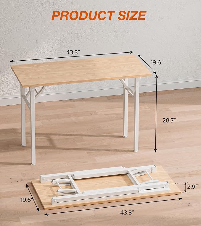 XBurmo Folding Desk Foldable Table, No Assembly 43.3" Foldable Desk Space-Saving Workstation for Small Space, Computer Table, Flat Storage for Home Office, Bedroom, Dorm, Study Room, Light Maple