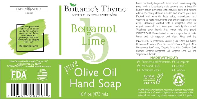 Brittanie’s Pure Castile Liquid Soap Refill, Bergamot Lime, 16 Ounce | Dish Soap, Hair & Body, Home, Gentle and Pure, Made with Natural Luxurious Oils, Vegan & Gluten Free Non-GMO