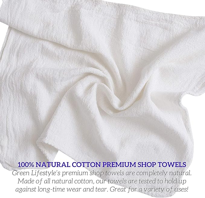 GREEN LIFESTYLE Shop Towels 12" x 14" 50 Pack - White Cotton Shop Towels, Cleaning Rags Bulk, Reusable Shop Rags, Absorbent Terry Cloth Cleaning Towels for Garage, Automotive, Industrial and Home Use