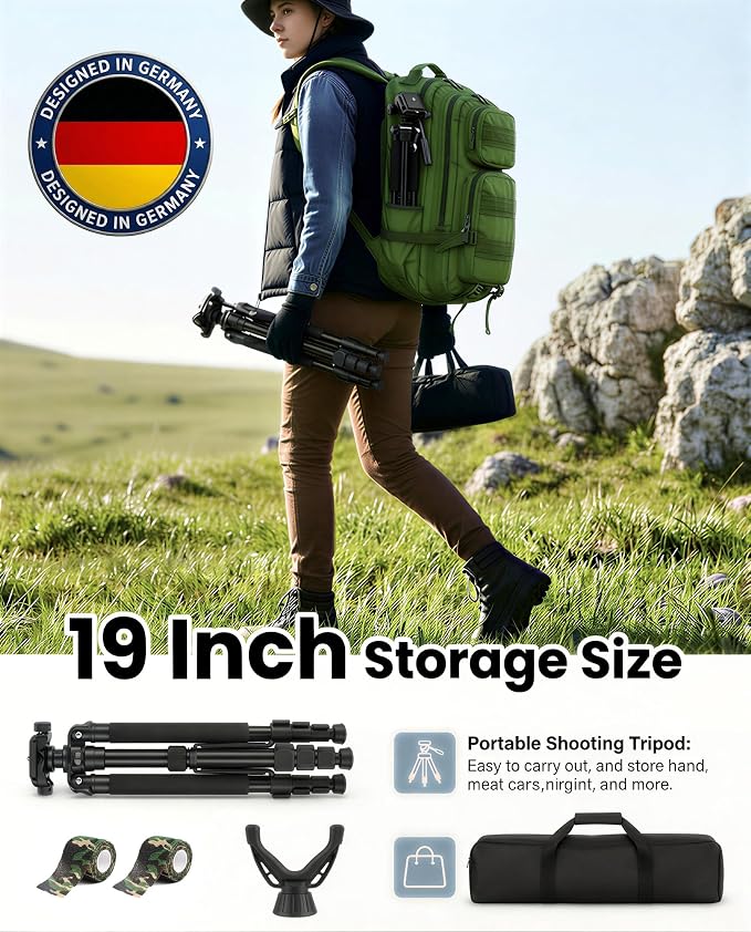 60"~63" Rifle Shooting Tripod, 360° V-Yoke Rest, 3D Pan Head for Hunting | 2.6lb Lightweight, Folds to 18". 360° V-yoke, 3/8 Thread, 1/4" QR Plate. Rubber feet, Wind Hook, Carry Bag, for Crossbow