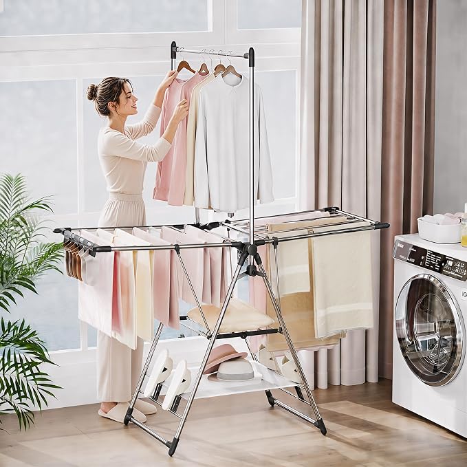 APEXCHASER Clothes Drying Rack with High Hanger, Foldable 3-Level Drying Racks with Shoe Rack, Crossbar and Vertical Rod Laundry Stand with Adjustable Wings Silver