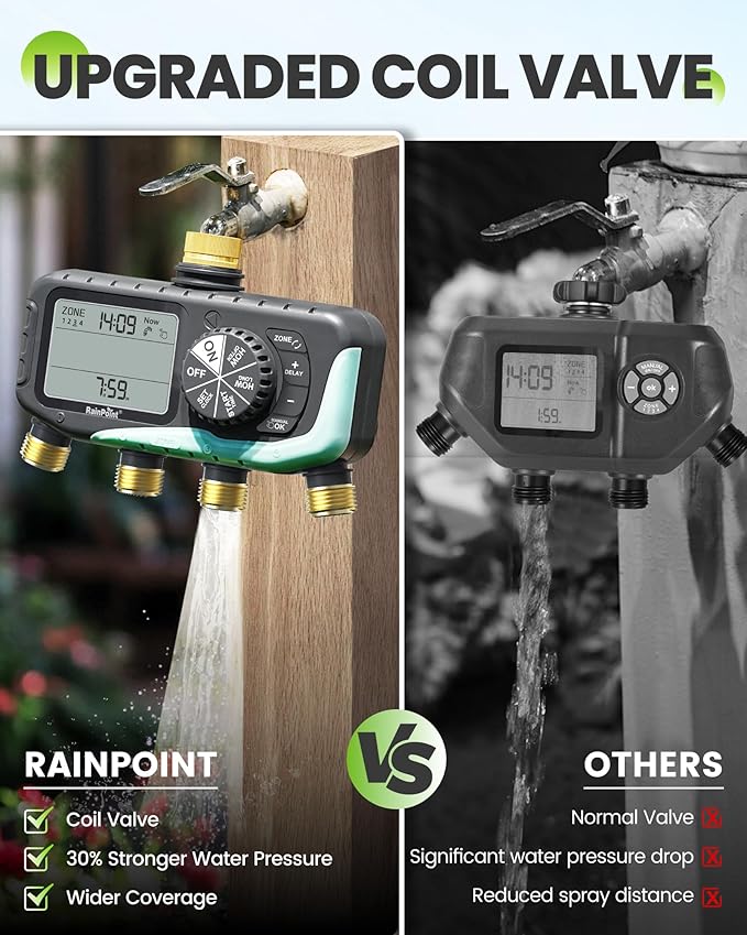 RAINPOINT Sprinkler Timer 4 Zone, Water Timer for Programmable, for Soaker Hose with Rain Delay/Manual/Automatic Watering System, Digital Irrigation for Yard, Lawn